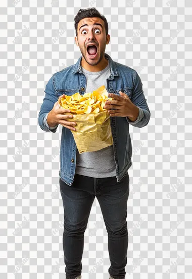 24 years old, surprised and happy latino man, holding bag of chips, full body, photograph detailed, white background