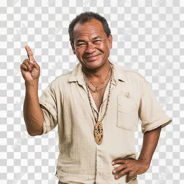 Portrait of a Wallisian man from the island of Wallis and Futuna, dressed in a classy beige outfit. He wears a tailored beige shirt and trousers, with traditional accessories subtly incorporated into his style, reflecting his island heritage. He gives a 'perfect' hand gesture with his fingers while winking playfully, exuding confidence and charm. His expression is warm and charismatic. The background is pure white, bringing focus to his stylish attire and joyful demeanor. The lighting is soft, highlighting his features and the elegant simplicity of his look.
