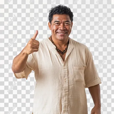 Portrait of a Wallisian man from the island of Wallis and Futuna, dressed in a classy beige outfit. He wears a tailored beige shirt and trousers, with traditional accessories subtly incorporated into his style, reflecting his island heritage. He gives a 'perfect' hand gesture with his fingers while winking playfully, exuding confidence and charm. His expression is warm and charismatic. The background is pure white, bringing focus to his stylish attire and joyful demeanor. The lighting is soft, highlighting his features and the elegant simplicity of his look.
