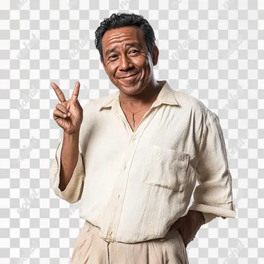 Portrait of a Wallisian man from the island of Wallis and Futuna, dressed in a classy beige outfit. He wears a tailored beige shirt and trousers, with traditional accessories subtly incorporated into his style, reflecting his island heritage. He gives a 'perfect' hand gesture with his fingers while winking playfully, exuding confidence and charm. His expression is warm and charismatic. The background is pure white, bringing focus to his stylish attire and joyful demeanor. The lighting is soft, highlighting his features and the elegant simplicity of his look.