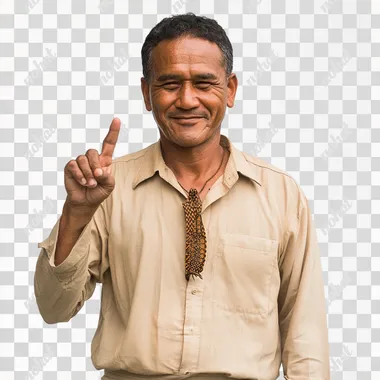 Portrait of a Wallisian man from the island of Wallis and Futuna, dressed in a classy beige outfit. He wears a tailored beige shirt and trousers, with traditional accessories subtly incorporated into his style, reflecting his island heritage. He gives a 'perfect' hand gesture with his fingers while winking playfully, exuding confidence and charm. His expression is warm and charismatic. The background is pure white, bringing focus to his stylish attire and joyful demeanor. The lighting is soft, highlighting his features and the elegant simplicity of his look.