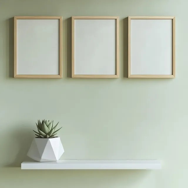Wooden picture frames on white shelf in modern living room decor