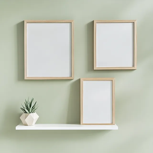 Wooden Picture Frames on White Shelf in Minimalist Living Area Decor