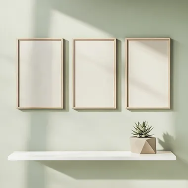 3 vertical wooden picture frames hang on a light olive green wall with a blank interior. Positioned at one-third of the height from the top, in the lower left corner is a smaller wooden frame leaning against the wall. In front of the lower right corner is a minimalist white shelf with a small succulent in a geometric pot, Center the composition, closeup view, Bright, photoreal, Landscape Photography, high quality, no human shows up ar 3:4  --s 50