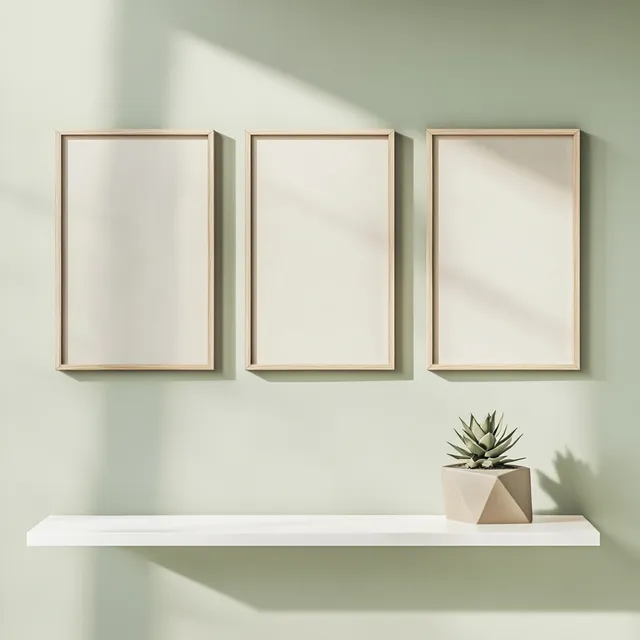 Succulent on White Shelf with Wooden Frames on Olive Green Wall