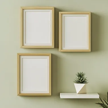 3 vertical wooden picture frames hang on a light olive green wall with a blank interior. Positioned at one-third of the height from the top, in the lower left corner is a smaller wooden frame leaning against the wall. In front of the lower right corner is a minimalist white shelf with a small succulent in a geometric pot, Center the composition, closeup view, Bright, photoreal, Landscape Photography, high quality, no human shows up ar 3:4  --s 50