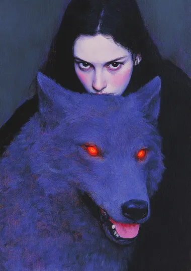 Oil painting Oil painting Painting of woman hugs an illuminated dark purple wolfman figure The atmosphere is mysterious, with an indigo light from behind creating a glowing effect and soft shadows. The drawing has a high resolution and cinematic lighting, giving it the quality of a masterpiece. in the style of John Brack, a minimalist painting style, executed in oil pastel black background, in the style of Frank Frazetta, in the style of Leonardo Da Vinci      hs7w6tq