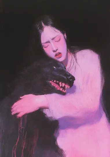 Oil painting Oil painting Painting of woman hugs an illuminated dark purple wolfman figure The atmosphere is mysterious, with an indigo light from behind creating a glowing effect and soft shadows. The drawing has a high resolution and cinematic lighting, giving it the quality of a masterpiece. in the style of John Brack, a minimalist painting style, executed in oil pastel black background, in the style of Frank Frazetta, in the style of Leonardo Da Vinci      hs7w6tq