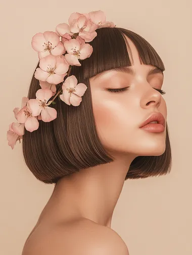 Photo of a woman with straight, medium-length hair styled in an elegant bob cut, with pink flowers growing from the side and bottom of her head. The background is a plain light beige, creating a contrast between her skin color and hair. She has closed eyes and lips, adding to the serene expression on her face.