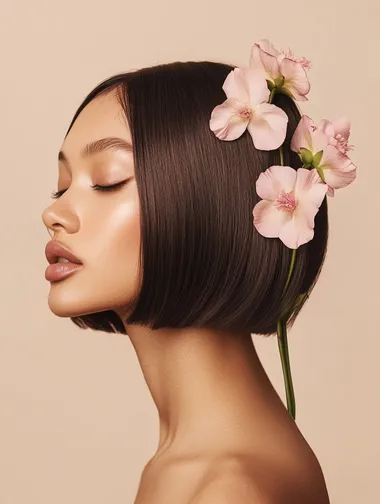 Photo of a woman with straight, medium-length hair styled in an elegant bob cut, with pink flowers growing from the side and bottom of her head. The background is a plain light beige, creating a contrast between her skin color and hair. She has closed eyes and lips, adding to the serene expression on her face.
