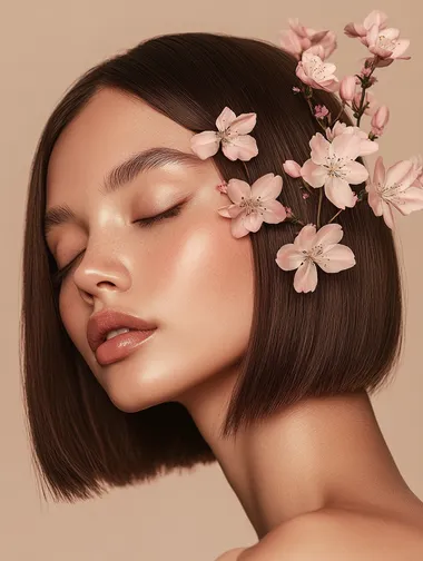 Photo of a woman with straight, medium-length hair styled in an elegant bob cut, with pink flowers growing from the side and bottom of her head. The background is a plain light beige, creating a contrast between her skin color and hair. She has closed eyes and lips, adding to the serene expression on her face.