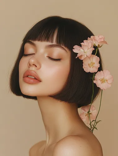 Photo of a woman with straight, medium-length hair styled in an elegant bob cut, with pink flowers growing from the side and bottom of her head. The background is a plain light beige, creating a contrast between her skin color and hair. She has closed eyes and lips, adding to the serene expression on her face.