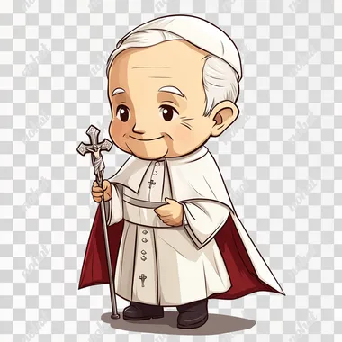 Full-body chibi-style Saint John Paul II, depicted as an elderly man with a kind and gentle expression. He wears papal vestments, including a white cassock, a white zucchetto (skullcap), and a red papal mozzetta (cape-like garment). He holds a silver papal ferula (staff with a crucifix) in one hand and raises the other in a blessing gesture. Solid white background.