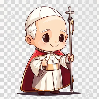 Full-body chibi-style Saint John Paul II, depicted as an elderly man with a kind and gentle expression. He wears papal vestments, including a white cassock, a white zucchetto (skullcap), and a red papal mozzetta (cape-like garment). He holds a silver papal ferula (staff with a crucifix) in one hand and raises the other in a blessing gesture. Solid white background.