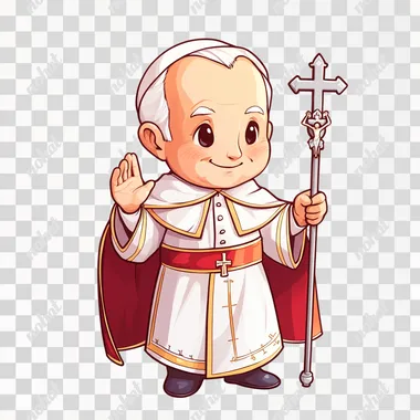 Full-body chibi-style Saint John Paul II, depicted as an elderly man with a kind and gentle expression. He wears papal vestments, including a white cassock, a white zucchetto (skullcap), and a red papal mozzetta (cape-like garment). He holds a silver papal ferula (staff with a crucifix) in one hand and raises the other in a blessing gesture. Solid white background.