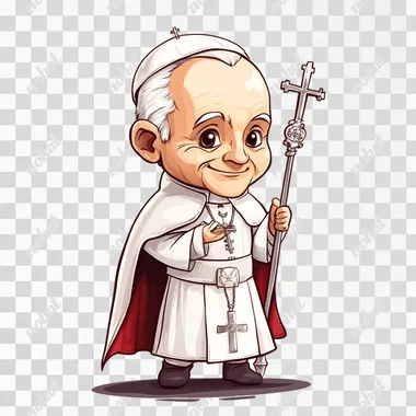 Full-body chibi-style Saint John Paul II, depicted as an elderly man with a kind and gentle expression. He wears papal vestments, including a white cassock, a white zucchetto (skullcap), and a red papal mozzetta (cape-like garment). He holds a silver papal ferula (staff with a crucifix) in one hand and raises the other in a blessing gesture. Solid white background.