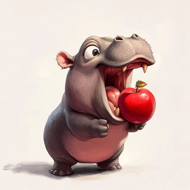 Cartoon baby pygmy hippopotamus in water biting red apple with teeth
