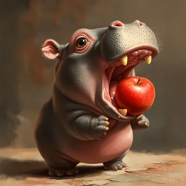 a cartoon baby pygmy hippopotamus in a side view, with its mouth wide open biting a red apple with its teeth