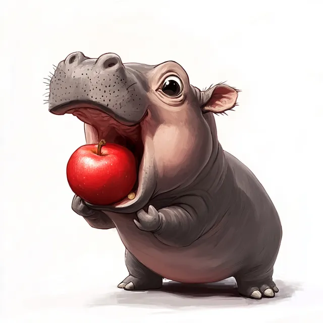 Cartoon baby pygmy hippopotamus in water biting red apple side view