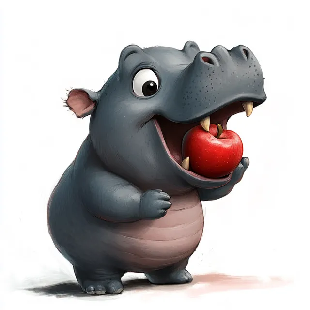 Cartoon baby pygmy hippopotamus in side view biting a red apple