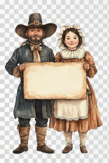 cute and adorable whimsical full body pilgrim couple holding a very large straight sign suitable for a thanksgiving invitation, he is wearing traditional hat and pants and she is wearing a dress with white apron and a white pilgrim bonnet, cutout, watercolor, full body, isolated on white background  --s 250