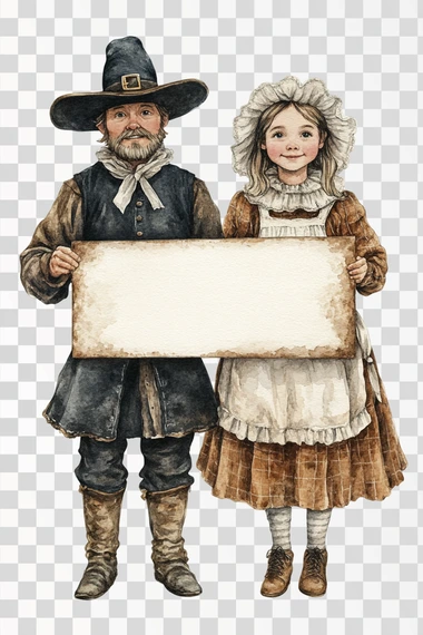 cute and adorable whimsical full body pilgrim couple holding a very large straight sign suitable for a thanksgiving invitation, he is wearing traditional hat and pants and she is wearing a dress with white apron and a white pilgrim bonnet, cutout, watercolor, full body, isolated on white background  --s 250