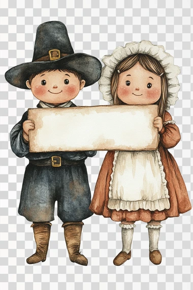 cute and adorable whimsical full body pilgrim couple holding a very large straight sign suitable for a thanksgiving invitation, he is wearing traditional hat and pants and she is wearing a dress with white apron and a white pilgrim bonnet, cutout, watercolor, full body, isolated on white background  --s 250