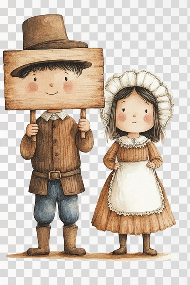 cute and adorable whimsical full body pilgrim couple holding a very large straight sign suitable for a thanksgiving invitation, he is wearing traditional hat and pants and she is wearing a dress with white apron and a white pilgrim bonnet, cutout, watercolor, full body, isolated on white background  --s 250
