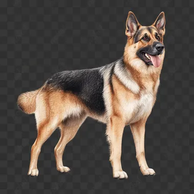 a realistic German shepherd clipart, standing pose, detailed fur texture, isolated on white background   j3q84b9