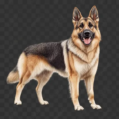 a realistic German shepherd clipart, standing pose, detailed fur texture, isolated on white background   j3q84b9