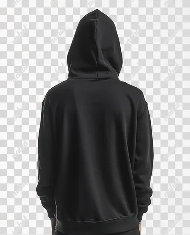 man, back shot, wearing black hoodie with the hood closed over her head, full color photography, full-body shot, on solid white background