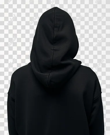 man, back shot, wearing black hoodie with the hood closed over her head, full color photography, full-body shot, on solid white background