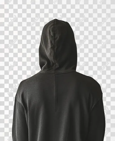 man, back shot, wearing black hoodie with the hood closed over her head, full color photography, full-body shot, on solid white background