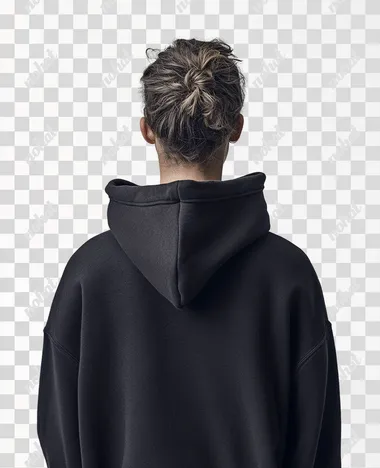 man, back shot, wearing black hoodie with the hood closed over her head, full color photography, full-body shot, on solid white background