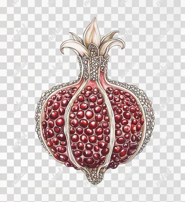 Pomegranate, white background, vintage illustration style, watercolor and pencil drawing, botanical book illustrations, detailed botanical paintings, traditional hand-drawn illustrations, high resolution, hyper-realistic detail, high definition, high quality, high resolution.