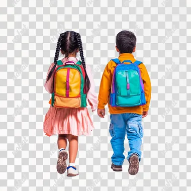 appy arab child 12 years old looking girl with black hair in a two braids and happy 11 years old looking arab boy both wearing school, unifrom with colorful backpack walking back view isolated on a white backgroound