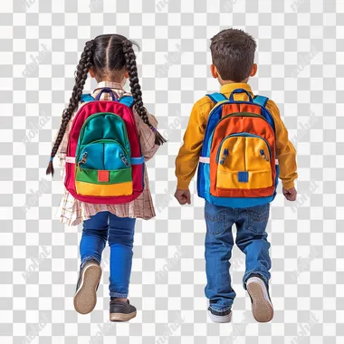 appy arab child 12 years old looking girl with black hair in a two braids and happy 11 years old looking arab boy both wearing school, unifrom with colorful backpack walking back view isolated on a white backgroound