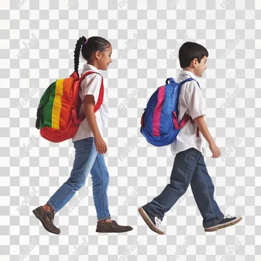 appy arab child 12 years old looking girl with black hair in a two braids and happy 11 years old looking arab boy both wearing school, unifrom with colorful backpack walking back view isolated on a white backgroound