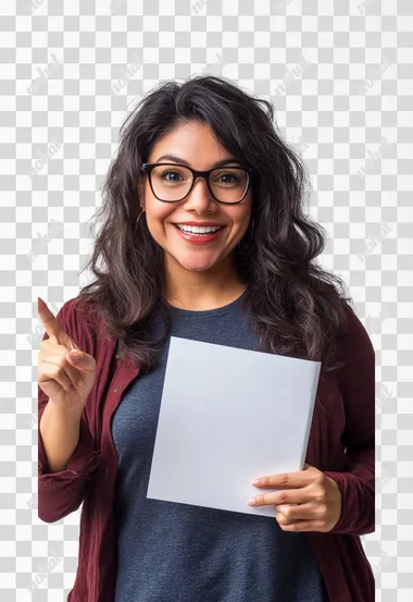 HD photo of a very happy 40 year old Latina model woman, wearing nice thick glasses, holding in her left hand a (1) blank document, with her right hand she points with her index finger to the right side at a 30 degree angle. The scene is a photo studio, the background is white. In her clothes she wears a dark blue t-shirt under a gray shirt, and a red garment as a contrasting element. 50mm lens, full body, hard light.