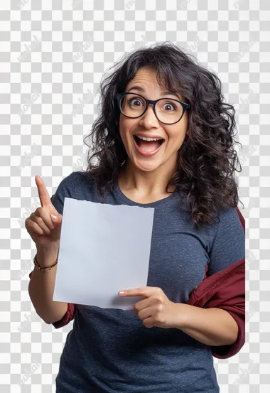 HD photo of a very happy 40 year old Latina model woman, wearing nice thick glasses, holding in her left hand a (1) blank document, with her right hand she points with her index finger to the right side at a 30 degree angle. The scene is a photo studio, the background is white. In her clothes she wears a dark blue t-shirt under a gray shirt, and a red garment as a contrasting element. 50mm lens, full body, hard light.