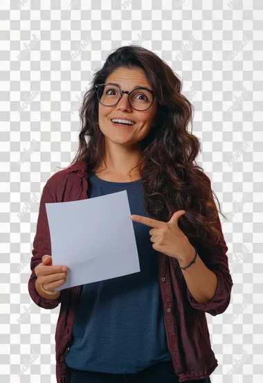 HD photo of a very happy 40 year old Latina model woman, wearing nice thick glasses, holding in her left hand a (1) blank document, with her right hand she points with her index finger to the right side at a 30 degree angle. The scene is a photo studio, the background is white. In her clothes she wears a dark blue t-shirt under a gray shirt, and a red garment as a contrasting element. 50mm lens, full body, hard light.