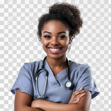 image of a black female nurse, loving, arms crossed, happy, white background