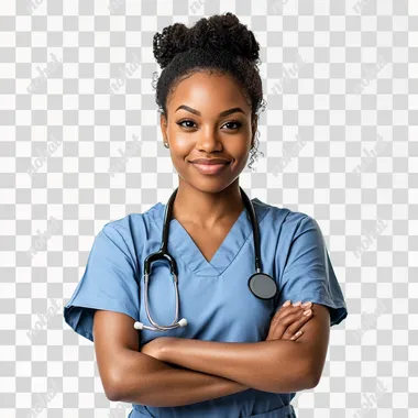 image of a black female nurse, loving, arms crossed, happy, white background