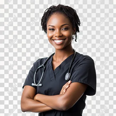 image of a black female nurse, loving, arms crossed, happy, white background
