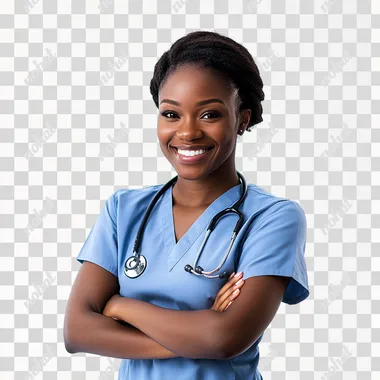 image of a black female nurse, loving, arms crossed, happy, white background
