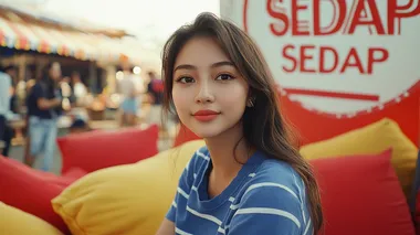 selfie pov still, a beautifull asian woman wearing blue shirt taking selfie in A red and white aesthetic tent display for the " SEDAAP" event in ramadan , with an advertising board displaying the logo with text written on it that says ' Pondok Rehat", featuring large wall signs and posters, located outside bali puffa, which is located near sKaloutean Fiat group. several red and yellow beanbag behind her . The atmosphere was festive as people gathered around to rest and enjoy. ,in style raw, selfie pov in the style of snapchat shot  --s 250