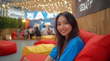selfie pov still, a beautifull asian woman wearing blue shirt taking selfie in A red and white aesthetic tent display for the " SEDAAP" event in ramadan , with an advertising board displaying the logo with text written on it that says ' Pondok Rehat", featuring large wall signs and posters, located outside bali puffa, which is located near sKaloutean Fiat group. several red and yellow beanbag behind her . The atmosphere was festive as people gathered around to rest and enjoy. ,in style raw, selfie pov in the style of snapchat shot  --s 250