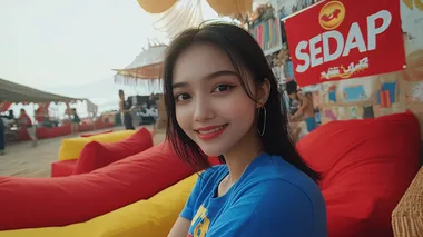 selfie pov still, a beautifull asian woman wearing blue shirt taking selfie in A red and white aesthetic tent display for the " SEDAAP" event in ramadan , with an advertising board displaying the logo with text written on it that says ' Pondok Rehat", featuring large wall signs and posters, located outside bali puffa, which is located near sKaloutean Fiat group. several red and yellow beanbag behind her . The atmosphere was festive as people gathered around to rest and enjoy. ,in style raw, selfie pov in the style of snapchat shot  --s 250