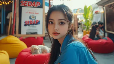 selfie pov still, a beautifull asian woman wearing blue shirt taking selfie in A red and white aesthetic tent display for the " SEDAAP" event in ramadan , with an advertising board displaying the logo with text written on it that says ' Pondok Rehat", featuring large wall signs and posters, located outside bali puffa, which is located near sKaloutean Fiat group. several red and yellow beanbag behind her . The atmosphere was festive as people gathered around to rest and enjoy. ,in style raw, selfie pov in the style of snapchat shot  --s 250