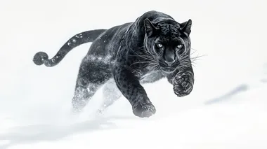 Pure white background,full body of black panther, black leopardrunning in snow mountain, realistic, minimalist